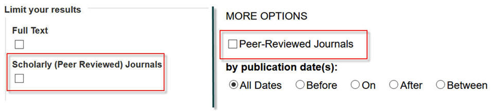 Image of EBSCOhost and Gale scholarly/peer reviewed limiter checkboxes