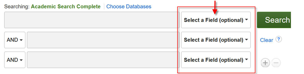 Image of EBSCOhost seach interface with hightlighted search field options
